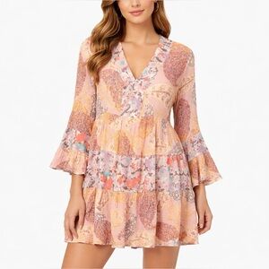 Entro Boho Floral Patchwork Mini Dress Size M Bell Sleeve Tiered Ruffle Cottage